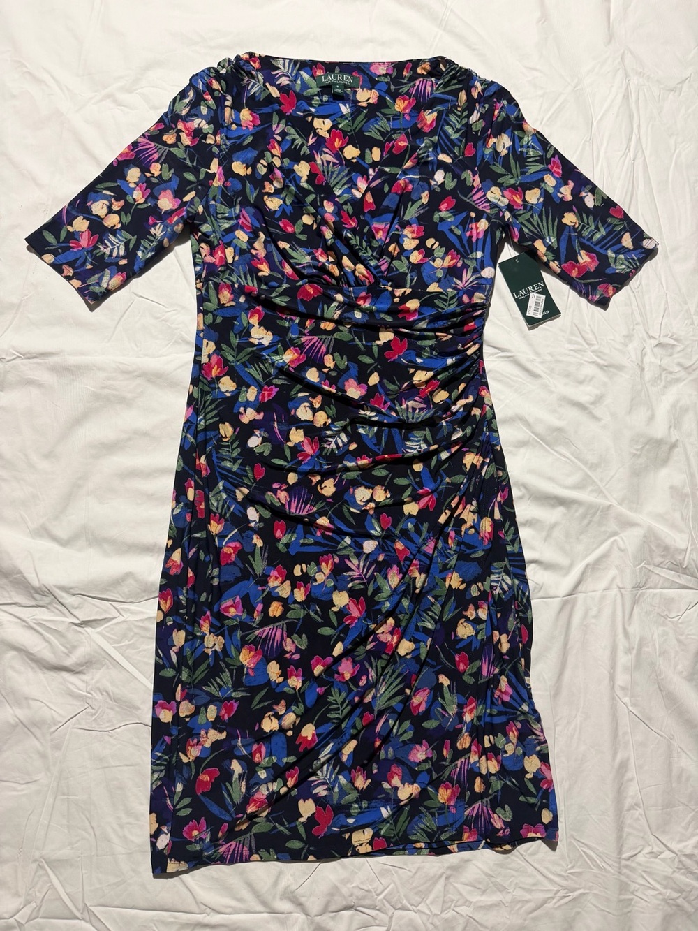NWT Lauren Ralph Lauren Women’s Size 8 Navy Floral Faux Sheath Dress Ruched Midi